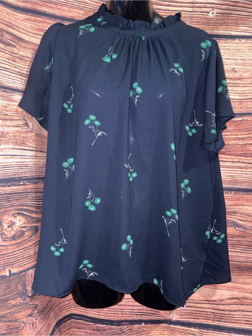 LOFT Navy Blouse with Green Floral Print and Ruffle Neck